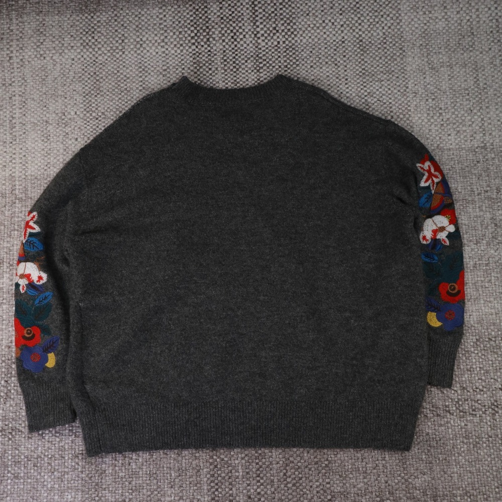 Zara Floral Embroidered Sleeve Knit Sweater Charcoal Grey Oversized Medium